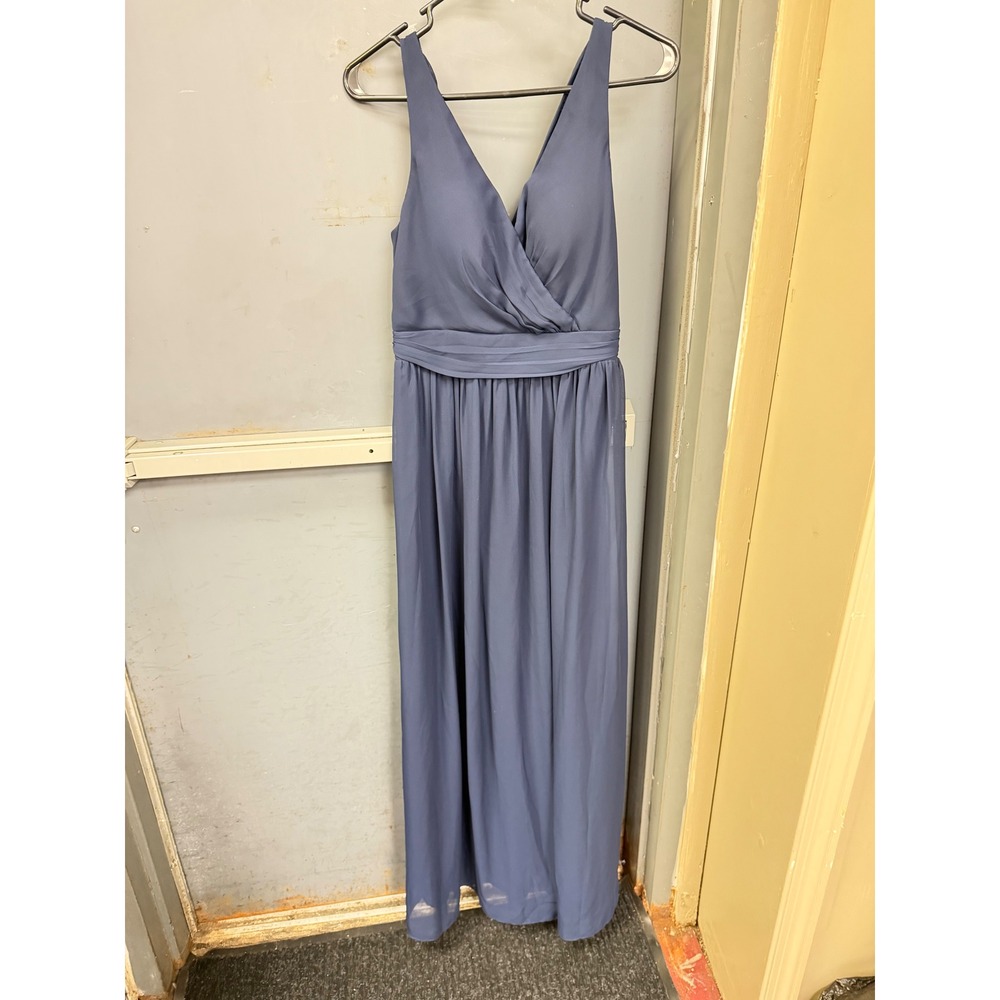 Adrianna Papell Slate Blue Chiffon V-Neck Maxi Gown Twisted Back Dress Size 8